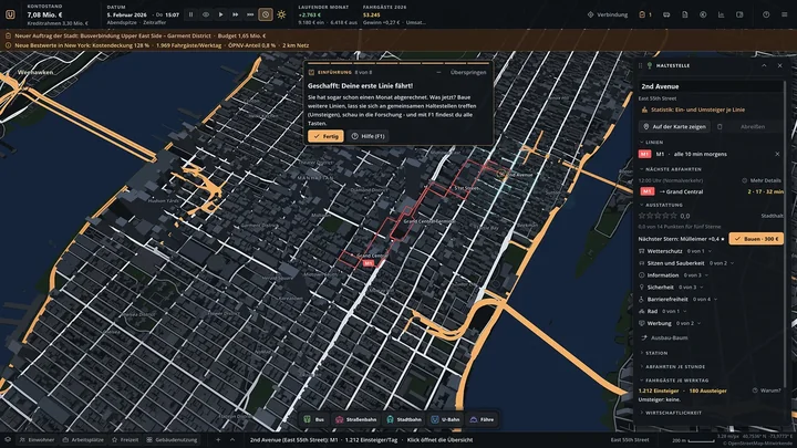 Einführung im Spiel: Hinweiskarte „Deine erste Linie fährt“ über der Karte von Midtown Manhattan