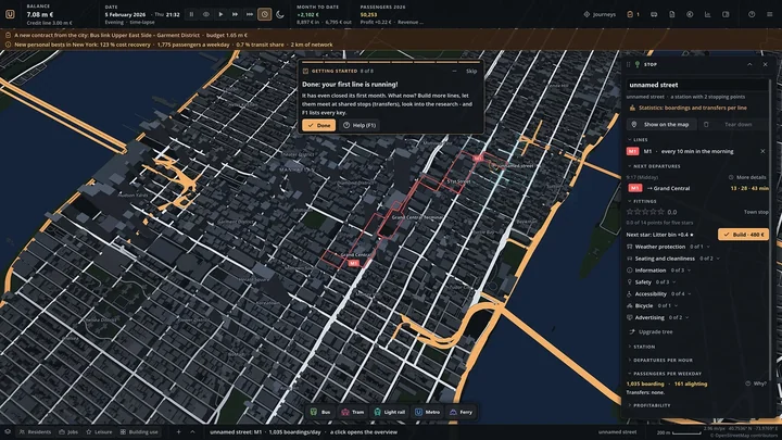 In-game introduction: the hint card “Done: your first line is running” over the map of Midtown Manhattan