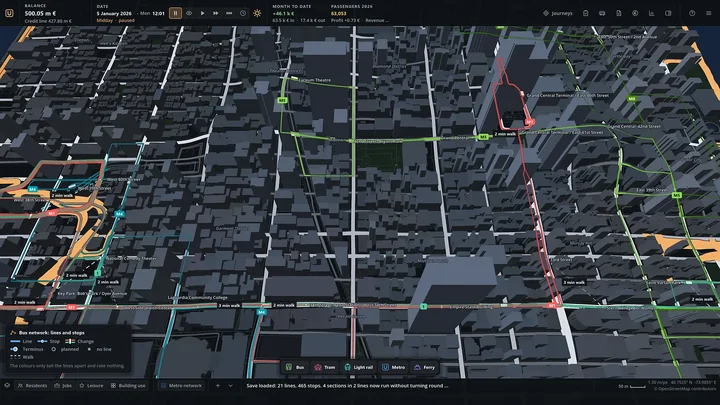 Bus lines in Midtown Manhattan between 3D buildings, with legend and build menu