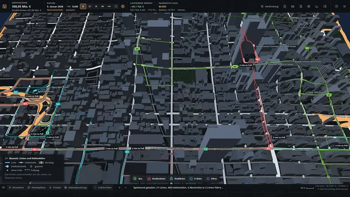 Buslinien in Midtown Manhattan zwischen 3D-Häusern, mit Legende und Baumenü