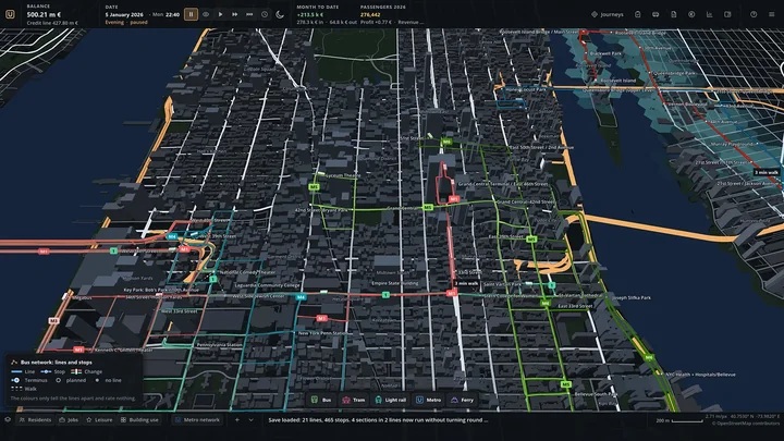Network of coloured bus lines across Midtown Manhattan at night, with a legend for lines, stops and changes