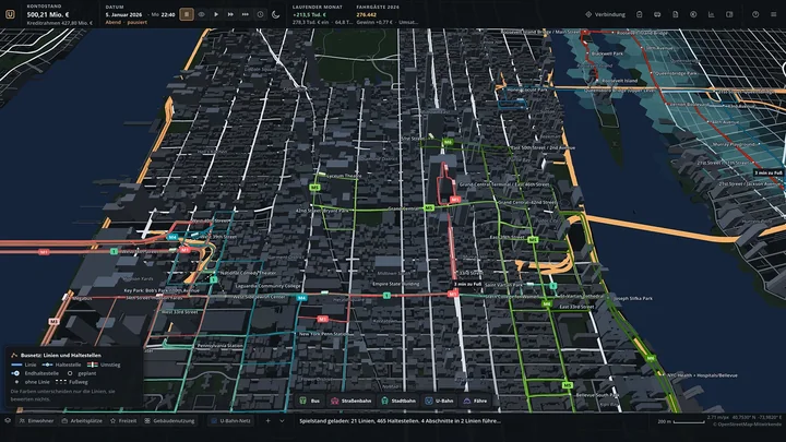 Netz aus bunten Buslinien über Midtown Manhattan bei Nacht, mit Legende für Linien, Halte und Umstiege