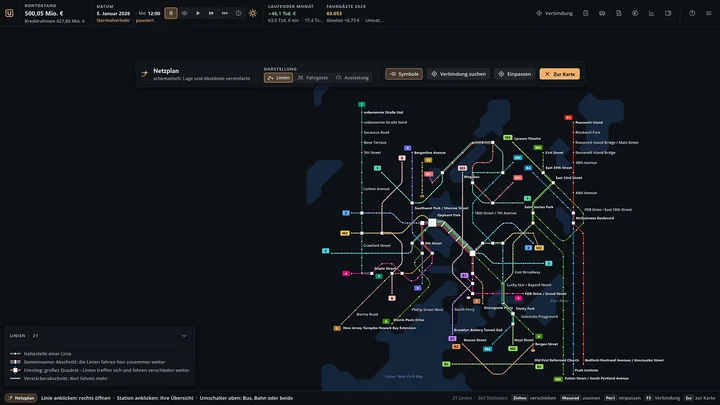 Schematischer Netzplan eines Busnetzes in New York mit Linienliste und Legende