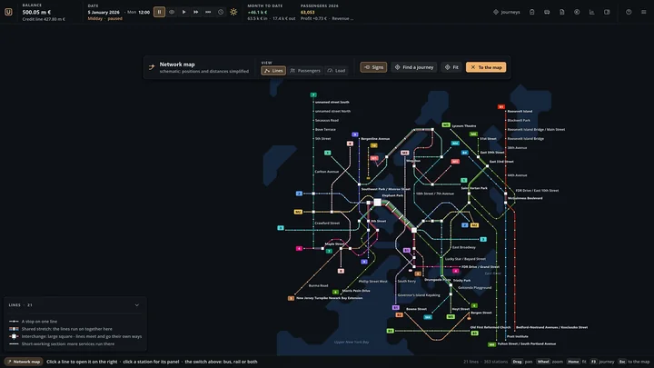Schematic network map of a bus network in New York with line list and legend