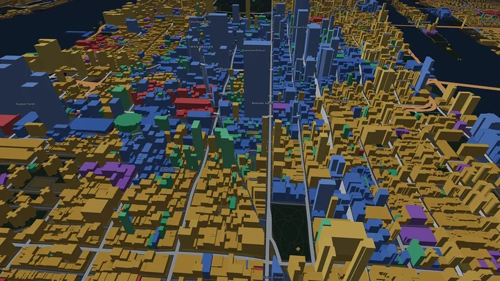3D-Ansicht von Manhattan mit Hochhäusern, gefärbt nach Nutzung, rechts der Fluss