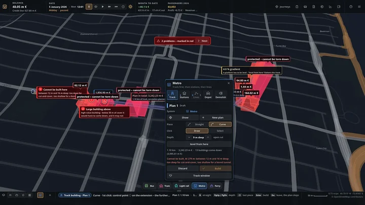 Metro track planning in New York with red notes on a tight curve and protected buildings in the way